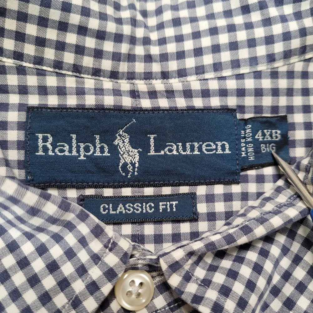 Ralph‎ Lauren Y2K Button Up Shirt Mens 4XB Blue Gingham Classic Fit Long Sleeve